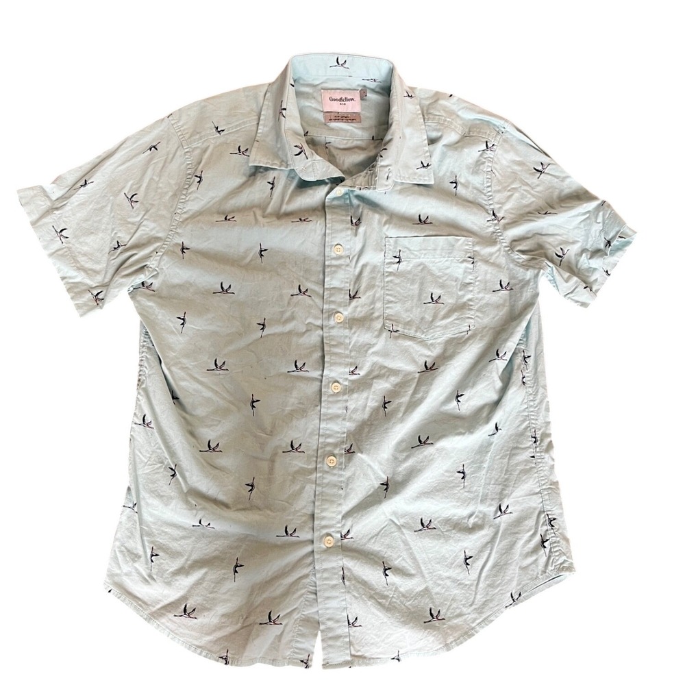 Goodfellow & Co Button Down Shirt Mens Light Blue Crane Bird Print Slim Fit L